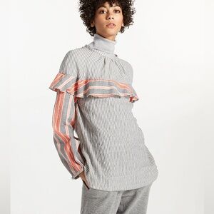 Lemlem Long Sleeve Ruffle Striped Cotton Blouse Boho In Gray Orange Size S